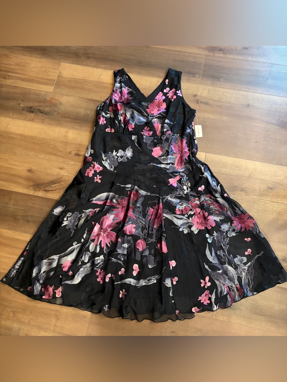 Dress Barn Black Midi Dress with Pink & Gray Floral Print Lined